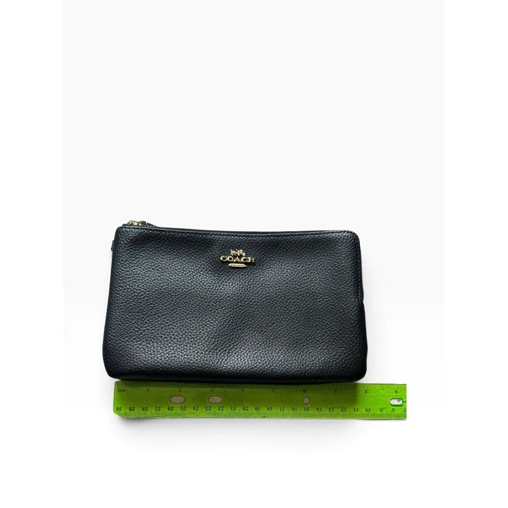 Coach Black Double Zip Wallet Black Pebble Leather with Gold Hardware